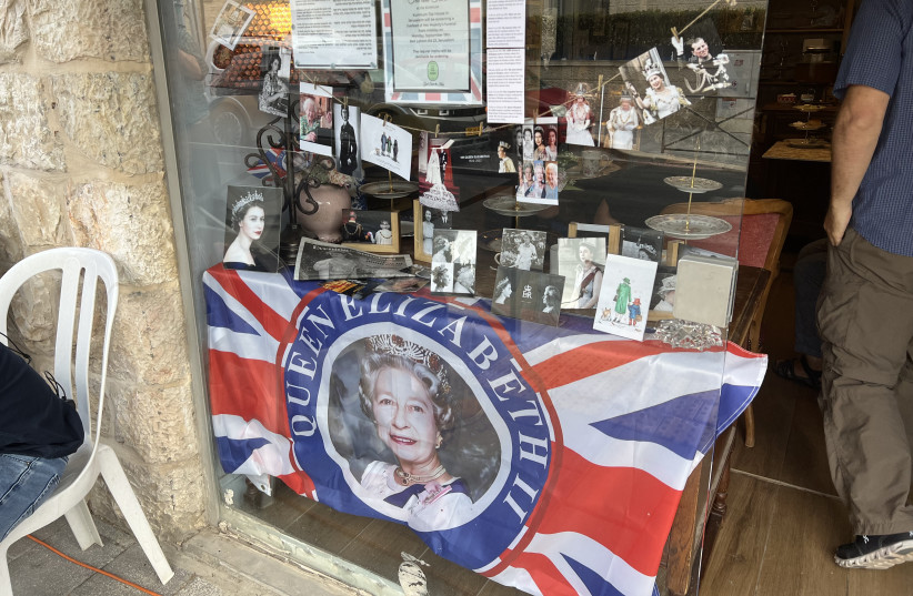  The KUMKUM Tea House in Jerusalem hosted a watch party called Tea and Tears on Monday, screening Queen Elizabeth’s funeral service (photo credit:  Sara Weinstein)