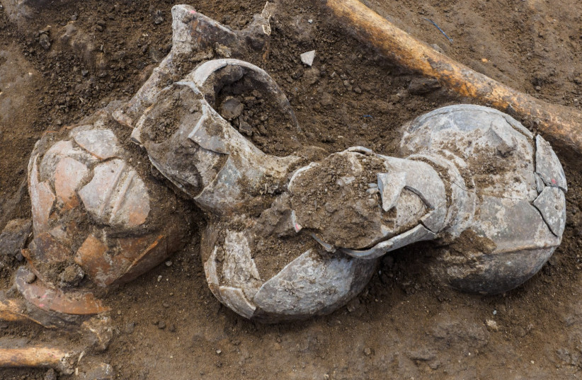  Vessels intended to accompany the dead into the afterlife. These Cypriot jugs and juglets were laid on the deceased. Remains of opium were found in several of the vessels. (photo credit: Assaf Peretz/Israel Antiquities Authority)
