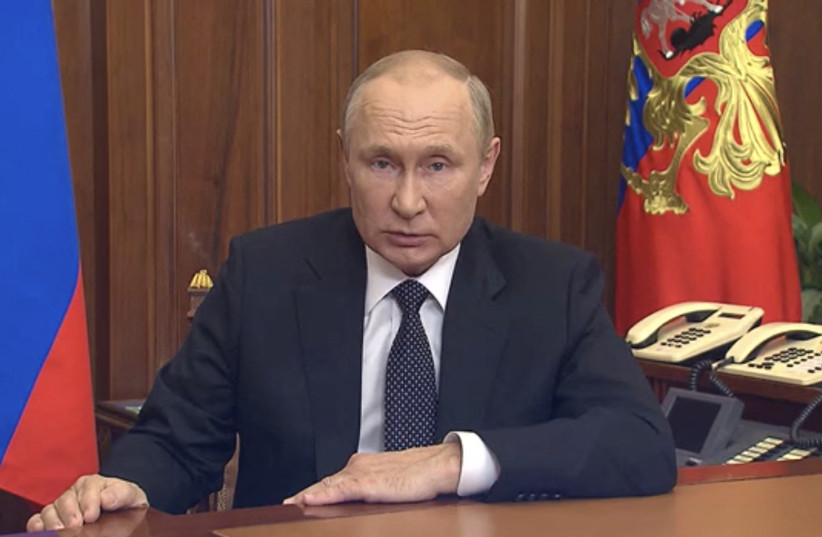  Russian President Vladimir Putin makes an address, dedicated to a military conflict with Ukraine, in Moscow, Russia, in this still image taken from video released September 21, 2022. (credit: Russian Presidential Press Service/Kremlin via REUTERS)