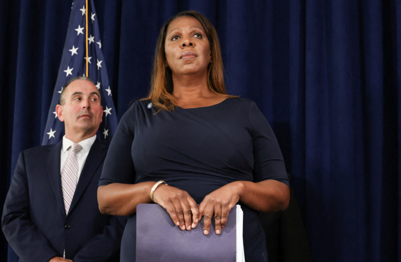 New York State Attorney General Letitia James attends during a news conference after former U.S. President Donald Trump's White House chief strategist Steve Bannon arrived to surrender, in New York, US, September 8, 2022. (credit: REUTERS/CAITLIN OCHS)
