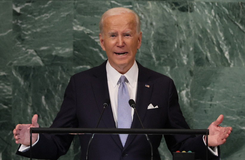 US President Joe Biden addresses the 77th Session of the United Nations General Assembly at UN Headquarters in New York City, US, September 21, 2022. (photo credit: REUTERS/BRENDAN MCDERMID)