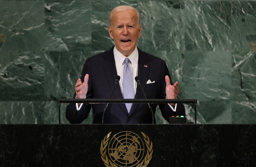  US President Joe Biden addresses the 77th Session of the United Nations General Assembly at UN Headquarters in New York City, US, September 21, 2022.  (photo credit: REUTERS/BRENDAN MCDERMID)