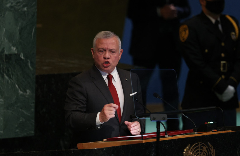  Jordan's King Abdullah II addresses the 77th Session of the United Nations General Assembly at UN Headquarters in New York City, US, September 20, 2022.  (photo credit: AMR ALFIKY/ REUTERS)