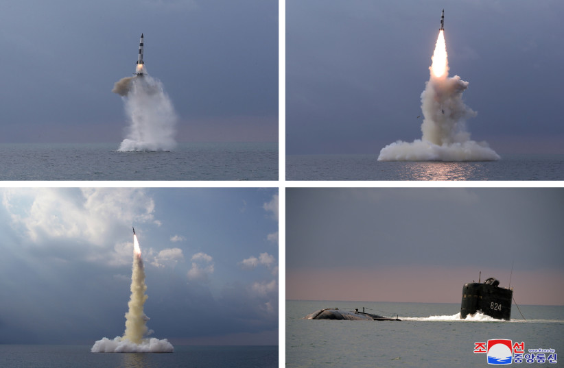  A combination of pictures shows a new submarine-launched ballistic missile during a test in this undated photo released on October 19, 2021 (photo credit: KCNA VIA REUTERS)