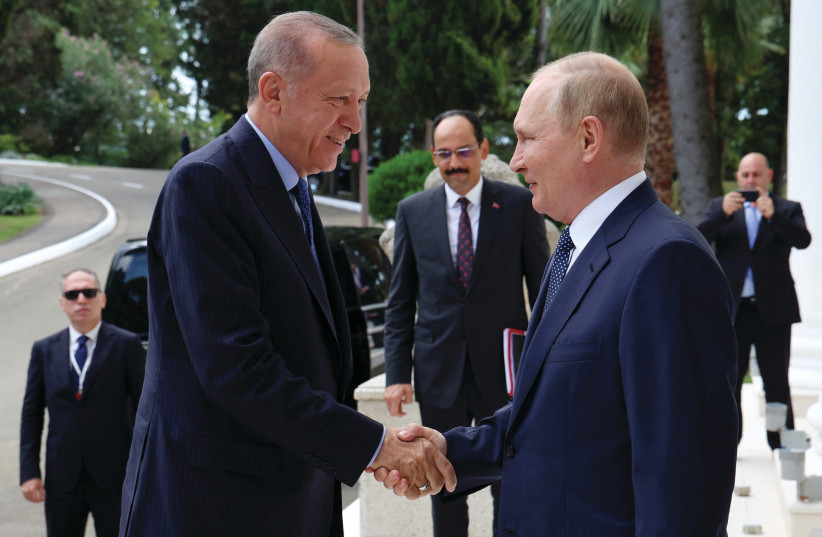  RUSSIAN PRESIDENT Vladimir Putin (R) bids farewell to Turkish President Recep Tayyip Erdogan after a meeting in Sochi, Russia, August 5.  (credit: Sputnik/Vyacheslav Prokofyev/Pool via Reuters)