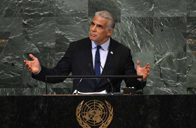  Israel's Prime Minister Yair Lapid addresses the 77th session of the United Nations General Assembly at the UN headquarters in New York City on September 22, 2022. (photo credit: TIMOTHY A. CLARY/AFP via Getty Images))