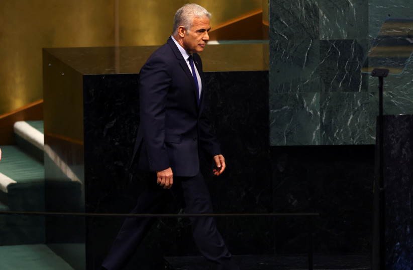  Prime Minister of Israel Yair Lapid arrives for his address at the 77th Session of the United Nations General Assembly at UN Headquarters in New York City, US, September 22, 2022. (credit: Mike Segar/Reuters)