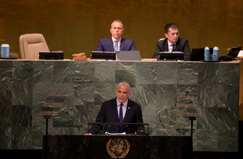 Prime Minister Yair Lapid at the United Nations General Assembly, September 22, 2022.  (credit: Avi Ohayon/GPO)