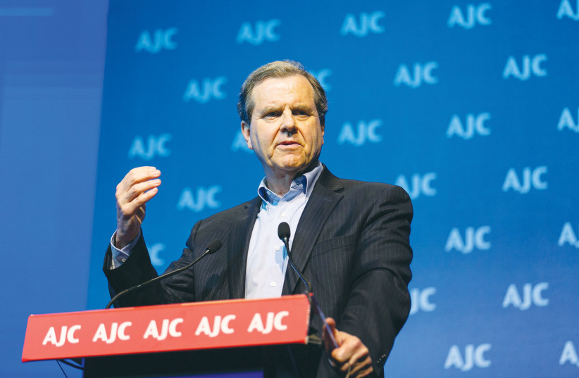  THE WRITER delivers an address at the AJC Global Forum in Jerusalem, 2018. (photo credit: AJC)