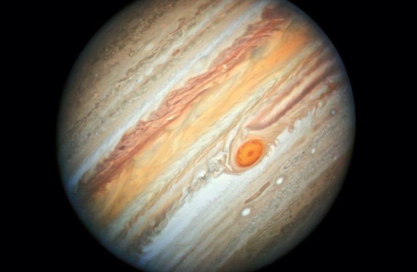  This photo of Jupiter, taken from the Hubble Space Telescope on June 27, 2019, features the Great Red Spot, a storm the size of Earth that has been raging for hundreds of years. (photo credit: A. Simon (Goddard Space Flight Center), ESA, M.H. Wong (University of California, Berkeley), NASA)