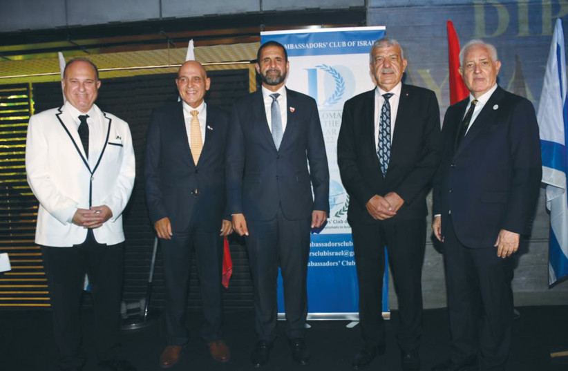  (FROM LEFT) Yoram Naor, David Fattal, Ambassador Khaled Al Jalahma, Ambassador Abderrahim Beyyoud and Yitzhak Eldan. (credit: AVIV HOFI)