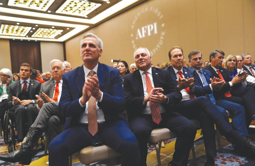  House GOP leader Rep.Kevin McCarthy (front, left) attends an America First Policy Institute summit in Washington, in July. (photo credit: SARAH SILBIGER/REUTERS)