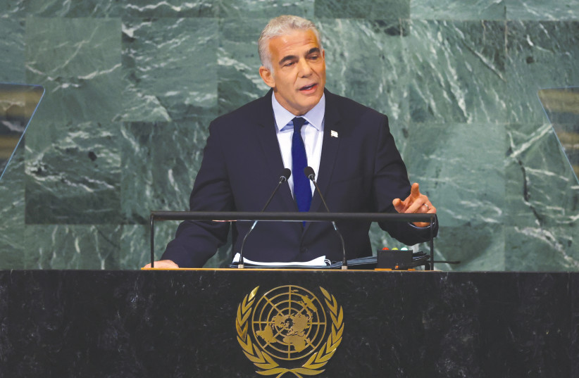  PRIME MINISTER Yair Lapid addresses the UN General Assembly last week.  (photo credit: Mike Segar/Reuters)