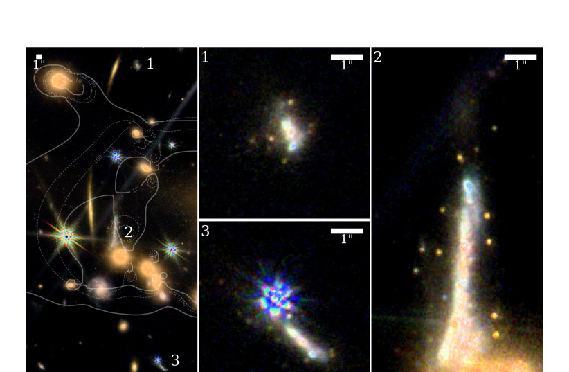  The surrounding environment of the Sparkler galaxy (L) and close-up views of it. (credit: Mowla, Iyer et al. 2022)