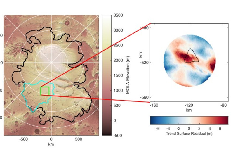  The left-hand panel shows the surface topography of Mars’s south pole, with the outline of the south polar cap in black. The light blue line shows the area used in the modelling experiments, and the green square shows the region containing the inferred subglacial water.  (credit: NATURE ASTRONOMY JOURNAL)