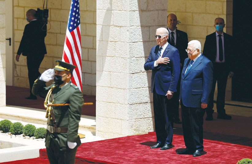  PALESTINIAN AUTHORITY head Mahmoud Abbas welcomes US President Joe Biden in Bethlehem, in July. It doesn’t seem realistic for Israel to reach an agreement with the Palestinian leadership – even the Fatah half represented by Abbas – on a Palestinian state, says the writer. (photo credit: MOHAMAD TOROKMAN/REUTERS)