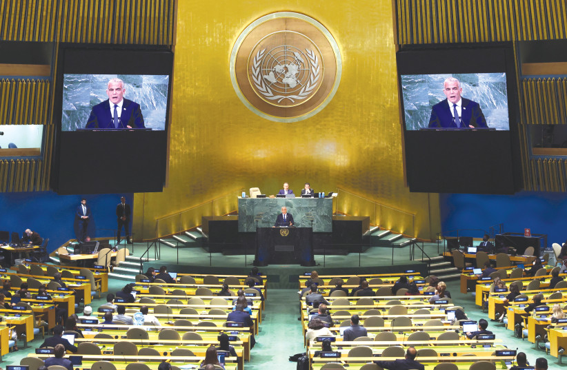  PRIME MINISTER Yair Lapid addresses the 77th Session of the United Nations General Assembly in New York City, last week.  (photo credit: Mike Segar/Reuters)