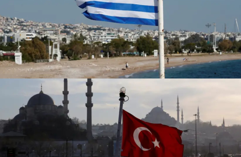  The flags of Greece and Turkey, two regional rivals and NATO members (Illustrative). (photo credit: GORAN TOMASEVIC/REUTERS, MURAD SEZER/REUTERS)