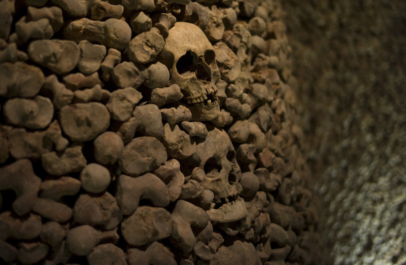  Bones and skulls are seen at an ossuary with the remains of more than 50,000 people on October 19, 2012 under the Church of St. James in Brno. (photo credit: MICHAL CIZEK/AFP via Getty Images)