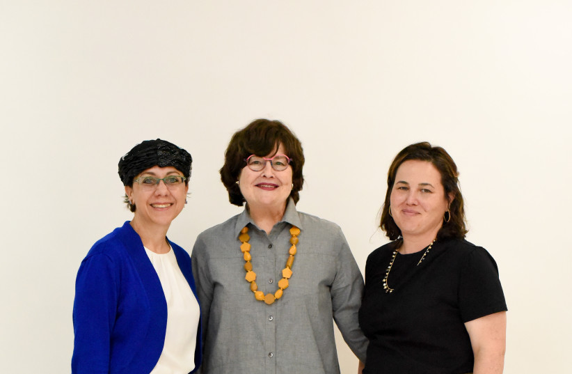  Dr. Yael Ziegler (L), rosh batei midrash and academic director of Matan – The Sadie Rennert Women’s Institute for Torah Studies; Rabbanit Malke Bina, president of Matan; and Chaya Bina-Katz, Matan CEO.  (photo credit: GILAD MOR)