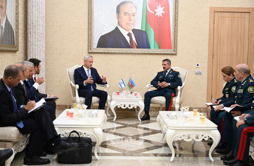  Defense Minister Benny Gantz and Azerbaijani Defense Minister Zakir Hasanov, during Gantz's visit to Azerbeijan, October 3, 2022. (credit: NICOLE LASKVI/DEFENSE MINISTRY)