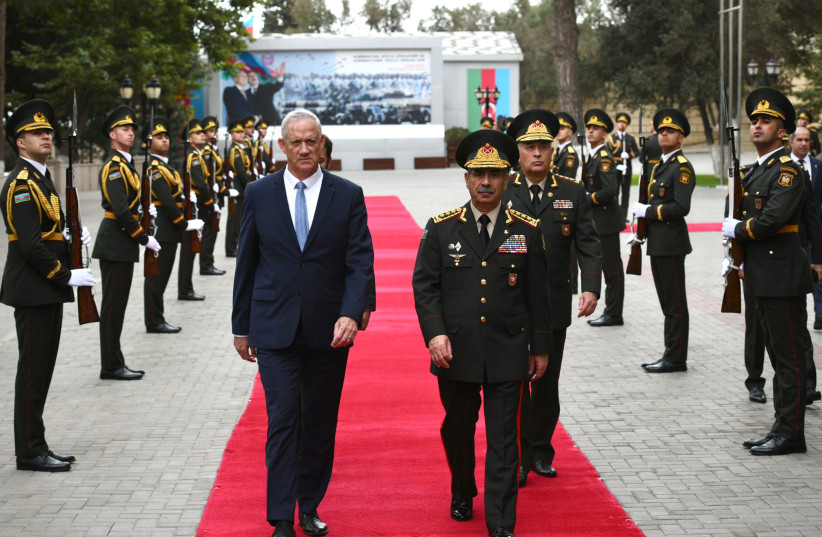  Defense Minister Benny Gantz being welcomed in Azerbaijan, October 3, 2022. (photo credit: NICOLE LASKVI/DEFENSE MINISTRY)