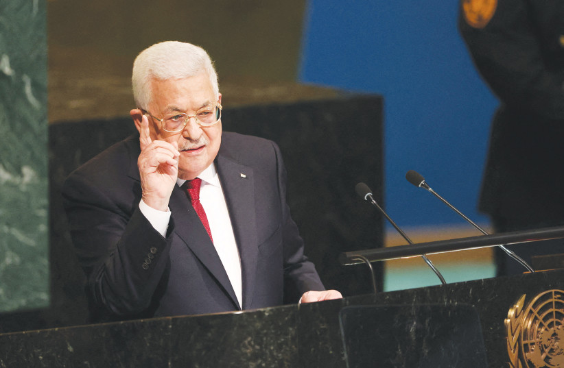  PA Head Mahmoud Abbas addresses the UN General Assembly last month. Abbas’s rancid UN speech showed fair-minded people the contrast: Israelis seek peace, Palestinian leaders… not so much, says the writer. (photo credit: CAITLIN OCHS/REUTERS)