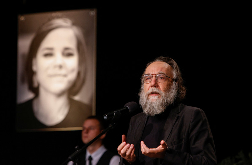  Russian political scientist and ideologue Alexander Dugin delivers a speech during a memorial service for his daughter Darya Dugina, who was killed in a car bomb attack, in Moscow, Russia August 23, 2022. (photo credit: REUTERS/MAXIM SHEMETOV)
