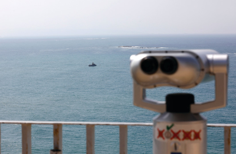  Israeli Navy vessels patrol Mediterranean waters off Israel’s crossing at Rosh Hanikra, known in Lebanon as Ras al-Naqura, a border area between the two countries, this week (credit: JALAA MAREY/AFP VIA GETTY IMAGES)