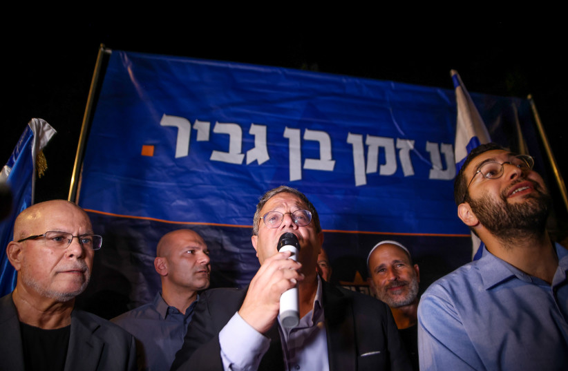  MK Itamar Ben Gvir, head of the Otzma Yehudit political party visits in Kibbutz Ayelet HaShahar, northern Israel, October 6, 2022. (credit: DAVID COHEN/FLASH 90)