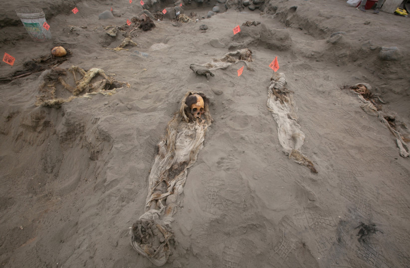  View of a mass grave of children and adults from the Chimu culture at Pampa La Cruz in Huanchaco district of Trujillo, Peru. (credit: REUTERS/DOUGLAS JUAREZ)