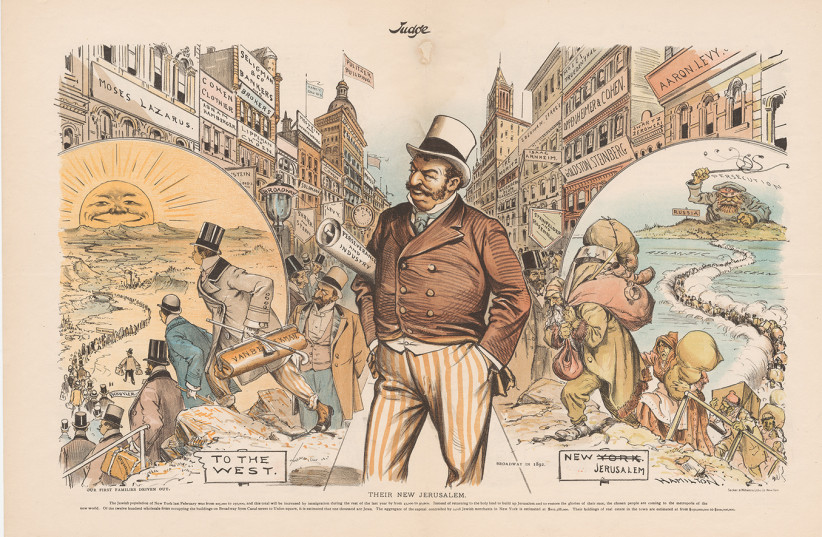 An antisemitic cartoon from Judge Magazine, ca. 1892, shows Jewish immigrants fleeing persecution in Russia and establishing businesses in New York, while America's ''first families'' flee west. Oddly, the cartoon also seems to credit the Jews for their “perseverance and industry.”  (credit: JTA)
