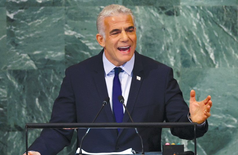  Israeli Prime Minister Yair Lapid speaks at the UN General Assembly in 2022. (credit: Mike Segar/Reuters)