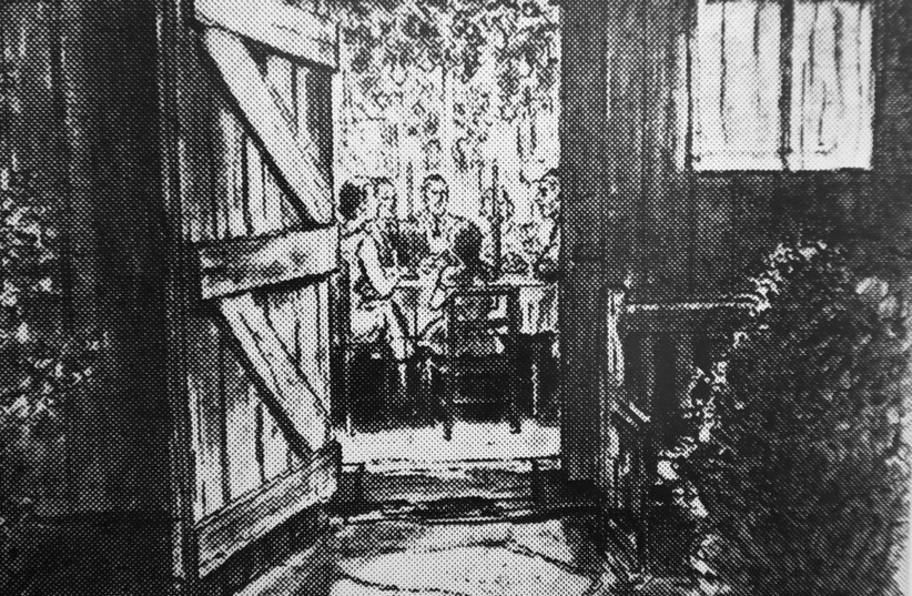  A sukkah lovingly built in the yard of Aron and Regina Markiewicz as featured in London’s ‘Jewish Chronicle,’ 1947 (photo credit: COURTESY PESSY KRAUSZ)