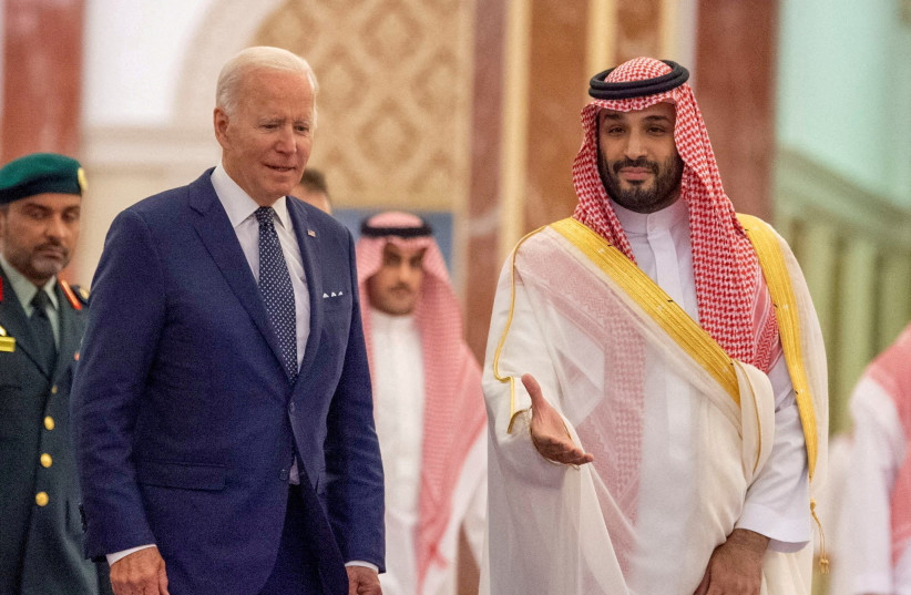  Saudi Crown Prince Mohammed bin Salman receives U.S. President Joe Biden at Al Salman Palace upon his arrival in Jeddah, Saudi Arabia, July 15, 2022. (credit: Bandar Algaloud/Courtesy Saudi Royal Court/Handout via Reuters)