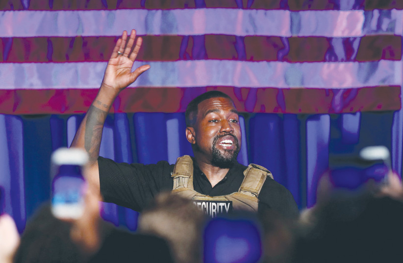  RAPPER KANYE West holds his first rally in support of his presidential bid, 2020. This past week, he proclaimed to more than 18 million social media followers that he was going to go “death (sic) con 3 on Jewish people.” (photo credit: RANDALL HILL/REUTERS)