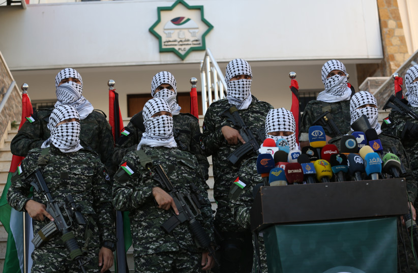  Members of the Palestinian armed factions hold a press  conference over the tension in East Jerusalem, in in Gaza City, on October 14, 2022 (credit: ATTIA MUHAMMED/FLASH90)