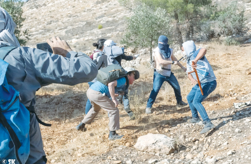  Two of the Israelis (masked) who allegedly assaulted Palestinian farmers harvesting their olives, along with Israeli human rights activists, last November. (photo credit: Shai Kendler/Megaphone News)