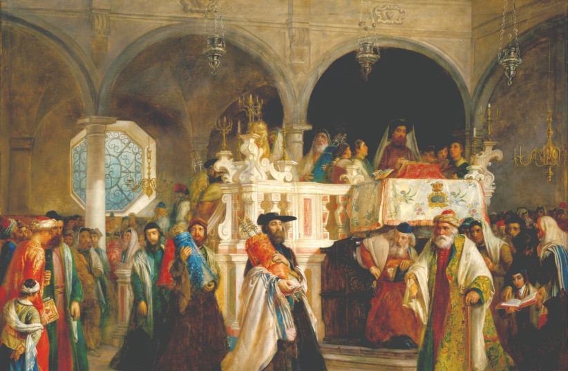  ‘THE FEAST of the Rejoicing of the Law at the Synagogue in Leghorn, Italy’ (1850) by Solomon Alexander Hart. (photo credit: Wikimedia Commons)
