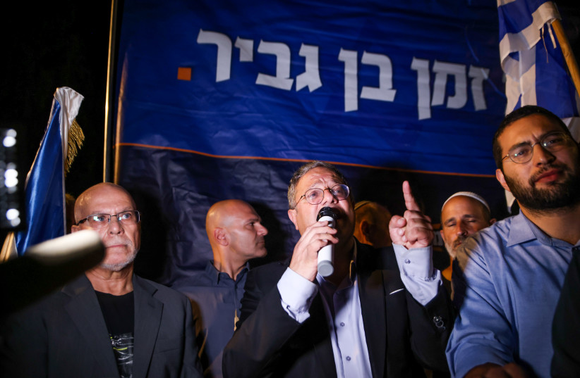  MK Itamar Ben Gvir, head of the Otzma Yehudit political party visits in Kibbutz Ayelet HaShahar, northern Israel, October 6, 2022.  (credit: DAVID COHEN/FLASH 90)