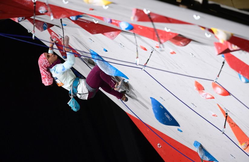  Iran's Elnaz Rekabi competes in the Women's Lead qualification at the indoor World Climbing and Paraclimbing Championships 2016 at the Accor Hotels Arena in Paris on September 14, 2016.  (photo credit: Miguel Medina/AFP via Getty Images)