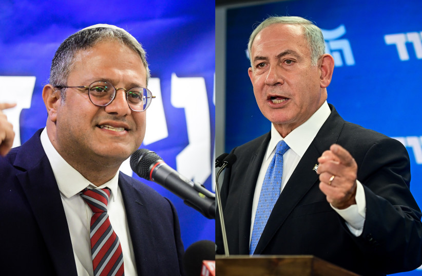  L: Otzma Yehudit leader MK Itamar Ben Gvir. R: Likud leader, former-prime minister Benjamin Netanyahu. (credit: AVSHALOM SASSONI/MAARIV)