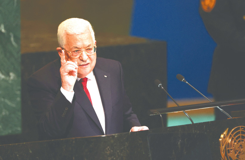  PALESTINIAN PRESIDENT Mahmoud Abbas addresses the UN General Assembly last month. His government continues to financially reward convicted terrorists who are in Israeli prisons, thus providing an incentive to murder more Israelis, says the writer (photo credit: CAITLIN OCHS/REUTERS)