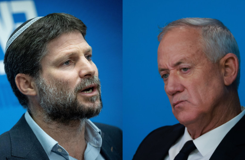  LEFT: Religious Zionist Party leader MK Bezalel Smotrich. RIGHT: National Unity Party chair, Defense Minister Benny Gantz. (photo credit: OLIVIER FITOUSSI/FLASH90, YONATAN SINDEL/FLASH90)