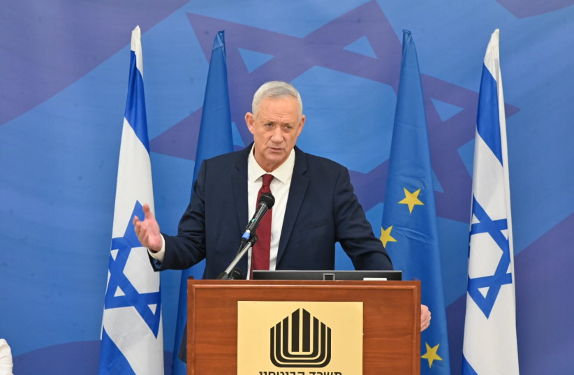  Defense Minister Benny Gantz addresses EU member-state Ambassadors in Israel, October 19, 2022 (credit: ARIEL HERMONI/DEFENSE MINISTRY)