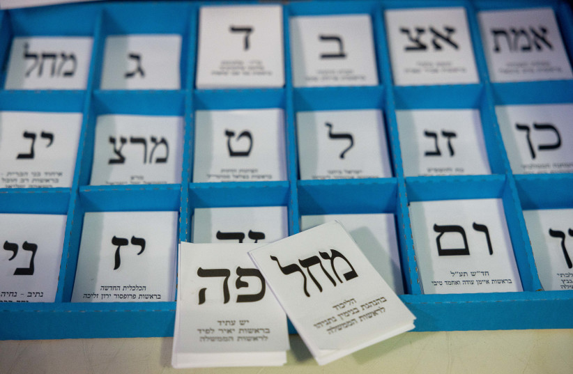  Workers prepare ballot boxes for the upcoming Israeli elections, at the central elections committee warehouse in Shoham, before they are shipped to polling stations, October 12, 2022 (photo credit: YONATAN SINDEL/FLASH90)