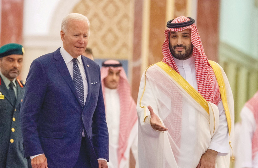  SAUDI CROWN Prince Mohammed bin Salman receives US President Joe Biden at Al Salman Palace in Jeddah, in July. Although Biden visited Saudi Arabia this summer, the relationship between the two nations has continued to deteriorate, says the writer. (credit: Saudi Royal Court/Reuters)
