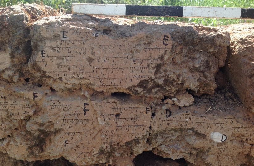  Burnt mud brick wall from Tel Batash (Biblical Timnah) with markings of the field orientation. (photo credit: Yoav Vaknin)