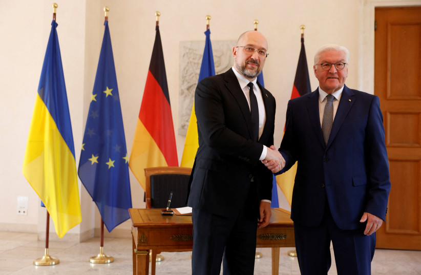  German President Frank-Walter Steinmeier welcomes Ukrainian Prime Minister Denys Shmyhal at the Bellevue Palace in Berlin, Germany September 4, 2022. (photo credit: REUTERS/MICHELE TANTUSSI)