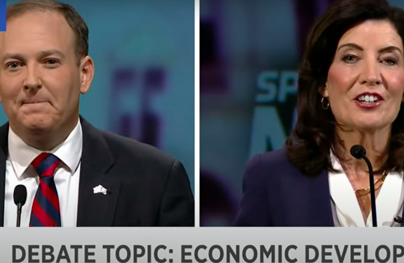  Race for New York governor: Gov. Kathy Hochul and Rep. Lee Zeldin debate Tuesday night two weeks before Election Day  (photo credit: Screenshot/Spectrum News NY-1)